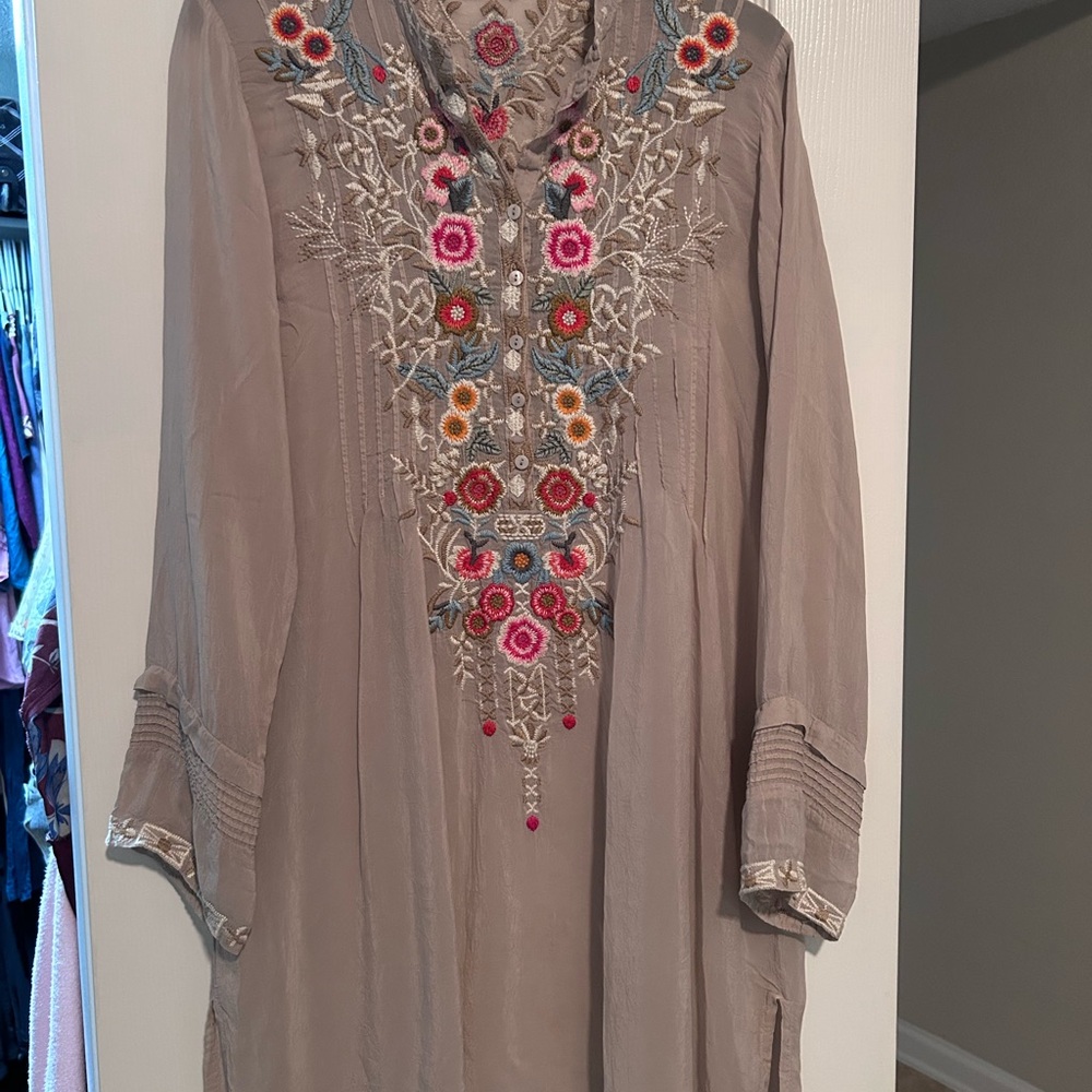Johnny Was Taupe Tunic with Colorful Embroidery